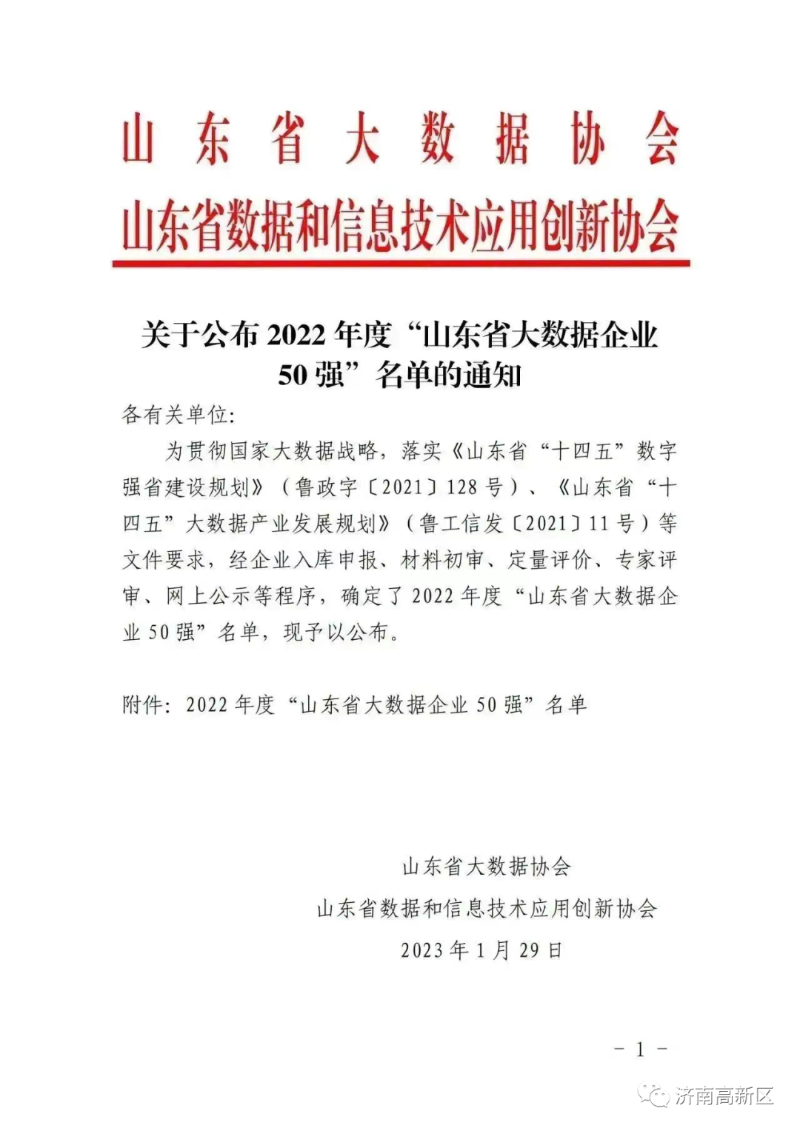 2022年度“山东省大数据企业50强”名单公布，齐鲁软件园17家企业入选